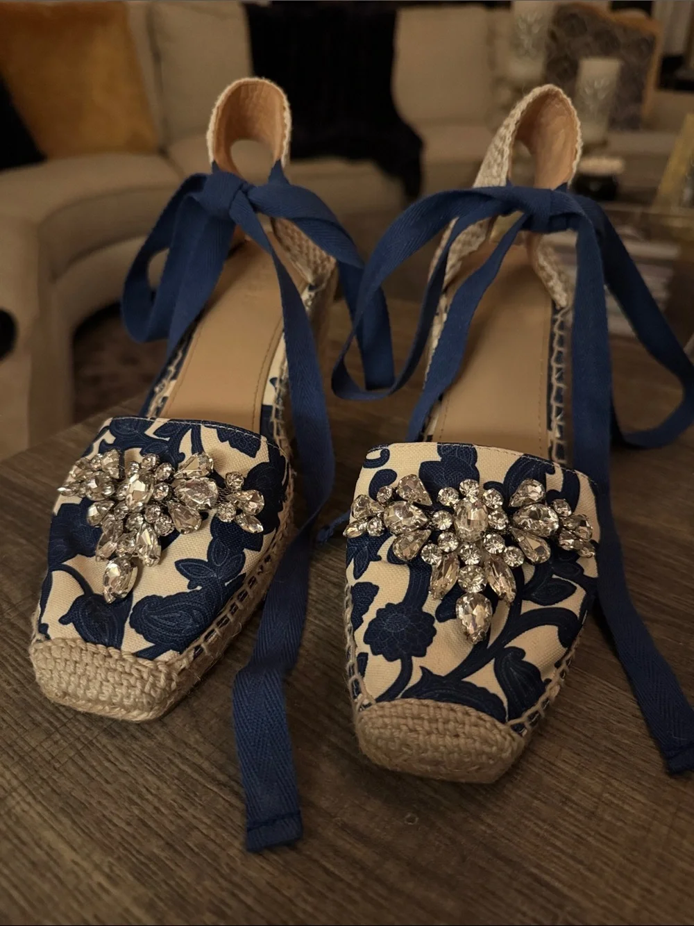 Boden Navy & White Floral Espadrille Wedges with Crystal Embellishment